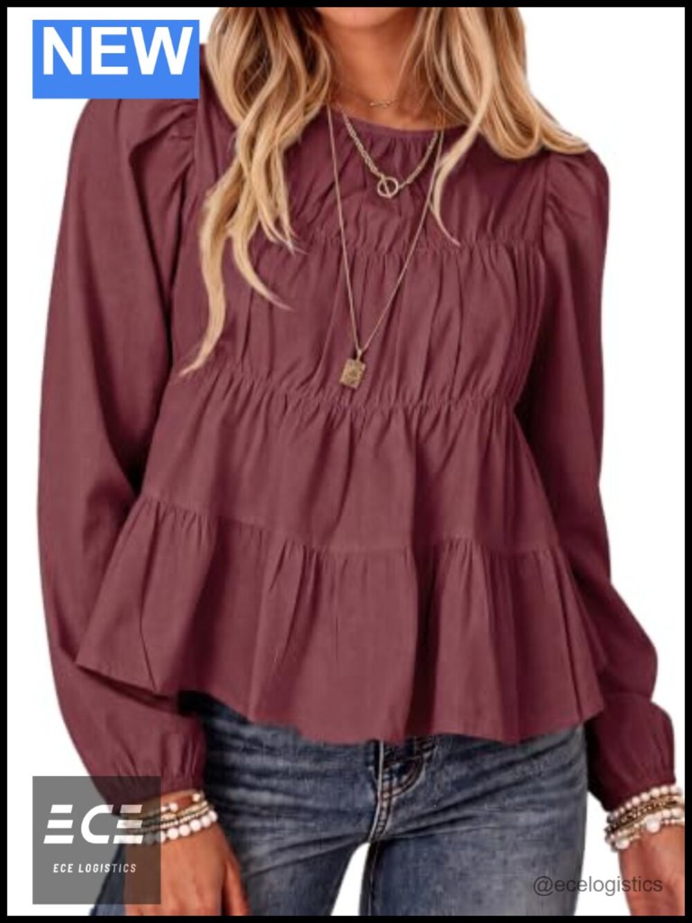 Womens Puff Long Sleeve Babydoll Peplum Pleated Flowy Blouse Top